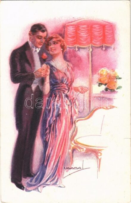 1919 Lady art postcard, romantic couple. 'ERKAL' No. 318/6. s: Usabal (szakadás / tear)
