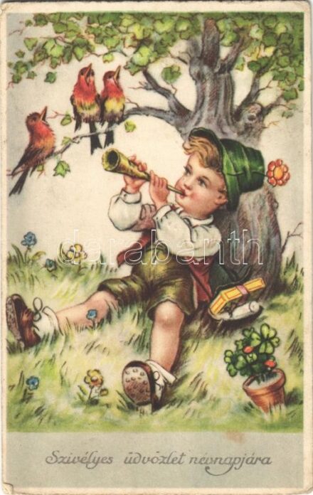 Szívélyes üdvözlet névnapjára / Children art postcard with Name Day greeting. Amag 3230. (EK)