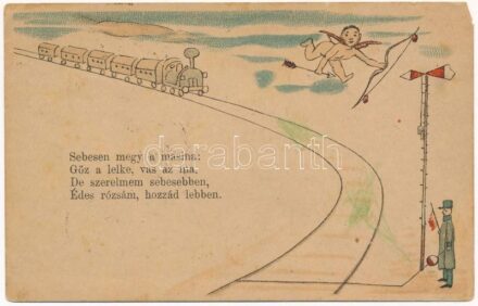 1893 (Vorläufer!!!) 'Sebesen megy a masina: gőz a lelke, vas az ina...' Korai gőzmozdonyos művészlap / Very rare early postcard! locomotive, railway stop, railway man, litho (EM)