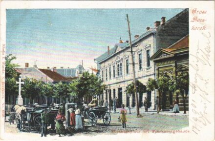 1901 Nagybecskerek, Zrenjanin, Veliki Beckerek; Elisabethplatz mit Sparkassagebäude / Erzsébet tér, Takarékpénztár, lovaskocsik. E. Watzke kiadása / square, savings bank, horse-drawn carriages + 'PANCSOVA - NAGY-KIKINDA 91. SZ. A' vasúti