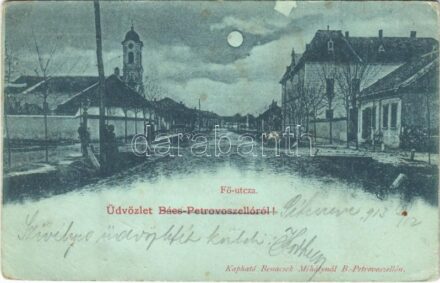 1913 Péterréve, Bács-Petrovoszelló, Backo Petrovo Selo; Fő utca, templom este. Benacsek Mihály kiadása / main street, church at night (r)