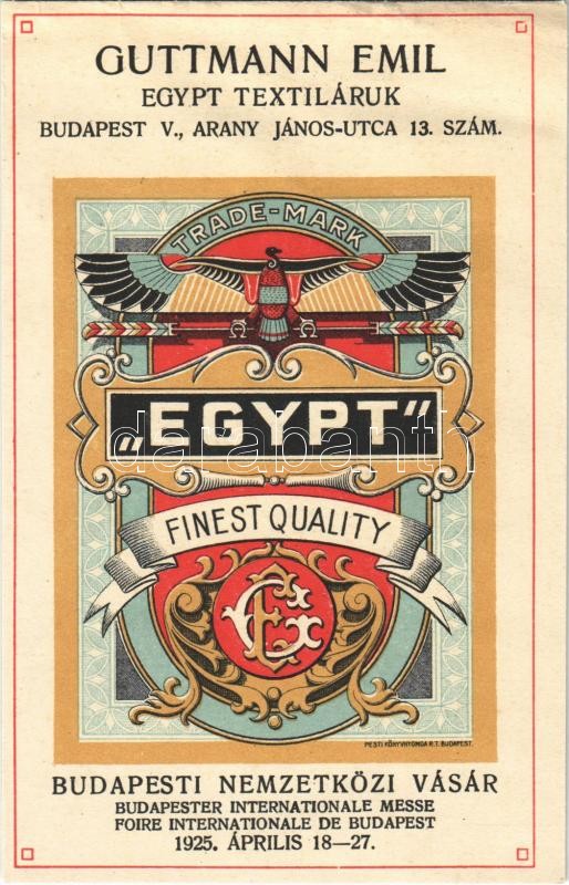 1925 Budapesti Nemzetközi Vásár. Guttmann Emil Egypt Textiláruk reklámlapja. Budapest, Arany János utca 13. szám. Pesti Könyvnyomda rt. / Budapester Internationale Messe, Egypt textile goods advertisement. Art Nouveau litho (EK)