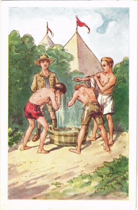 Reggeli mosakodás. Cserkész művészlap. Rigler József Ede kiadása R.J.E. 8005. / Hungarian boy scout art postcard, scout camp, morning wash