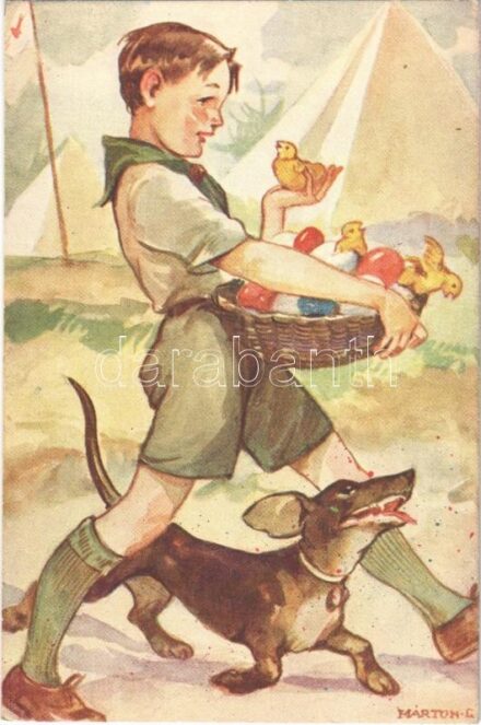 Húsvét. Kiadja a Márton L.-féle Cserkészlevelezőlapok Kiadóhivatala / Hungarian boy scout art postcard, Easter s: Márton L. (EK)
