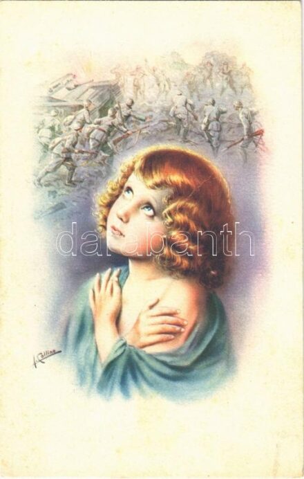 WWII Italian military art postcard, girl, soldiers and tanks. Cecami N. 1023. s: Collino (fl)