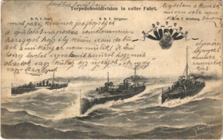 Torpedobootdivision in voller Fahrt / SMS Greif, SMS Alligator, I. osztályú torpedónaszádok, SMS Wildfang Huszár-típusú torpedóromboló (Zerstörer), matrózok / WWI Austro-Hungarian Navy, K.u.K. Kriegsmarine destroyers, torpedoboat,
