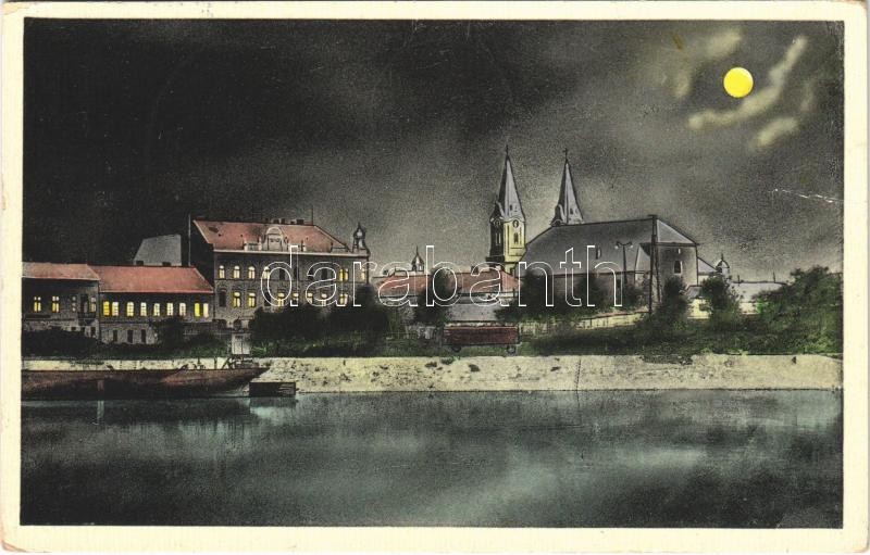 1938 Komárom, Komárnó; Duna és város este / Dunaj a pohlad na mesto / night view with the Danube + '1938 Komárom visszatért' So. Stpl
