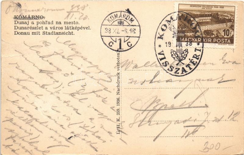 1938 Komárom, Komárnó; Duna és város este / Dunaj a pohlad na mesto / night view with the Danube + '1938 Komárom visszatért' So. Stpl - Image 2