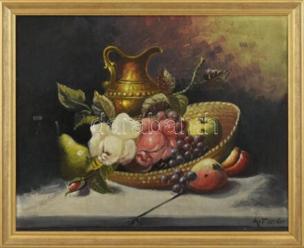 A. Fehér jelzéssel: Csendélet. Olaj, vászon. Sérült (lyukas). Fa keretben, 42×52 cm. Jótékonysági aukció! A műtárgy megvásárlásával a Piros Orr Bohócdoktorok Alapítványt támogatja.