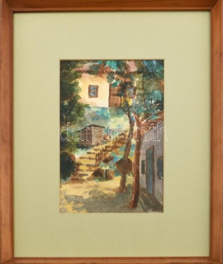 Sipos jelzéssel a hátoldalán: Mátraszentlászló, udvar részlet, 1968. Olaj, papír, üvegezett fa keretben, 27×17 cm. Jótékonysági aukció! A műtárgy megvásárlásával a Piros Orr Bohócdoktorok Alapítványt támogatja.