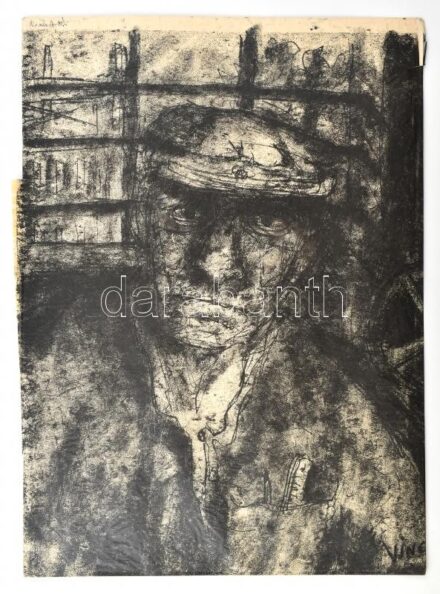 Vincze András (1914-1987): Faluvég (Alpár). Monotípia, papír, jelzett, a hátoldalán autográf felirattal, paszpartuban. Sérült. 49x35 cm