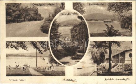 Alsógöd (Göd), Országúti részlet, Duna részlet, Strand, fürdőzők, Széchenyi vendéglő, étterem (fa)