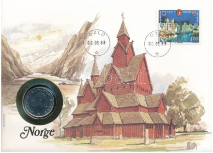 Norvégia 1988. 1K felbélyegzett borítékban, bélyegzéssel, német nyelvű leírással T:1 Norway 1988. 1 Krone in envelope with stamp and cancellation, with German description C:UNC