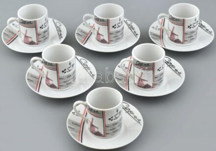 6 db modern porcelán kávés csésze aljjal, matricás, jelzés nélkül, kisebb kopásnyomokkal, m: 5,5 cm és d: 11 cm