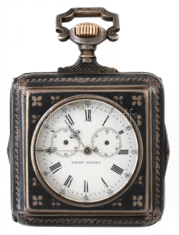 cca 1880 Loehr perpetual patent niellós ezüst zsebóra automata nikkelezett kalapácsos, kulcsos felhúzású szerkezettel. Jelzett tok, szerkezet. Járástartalék kijelzéssel. Tokszám, szerkezetszám: No. 497. Jelzett ezüst. Későbbi