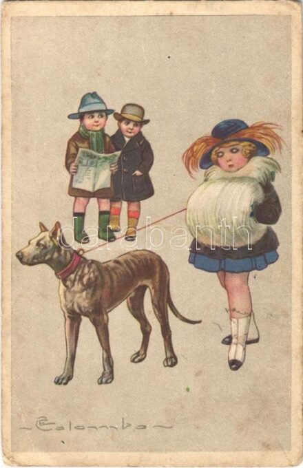 Italian children art postcard, girl with dog. Proprietá Artistica riservata 649-4. s: Colombo (EB)