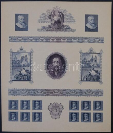 1934. Horvárth Endre rézmetszet összeállítás, közte Ajtósi Dürer, Vajdahunyad vár, Újévi Üdvözlőlap és a Szent Imre bélyegterv nyomataival, a Hazai Papírgyár Rt. vízjeles papírján (340x286mm)