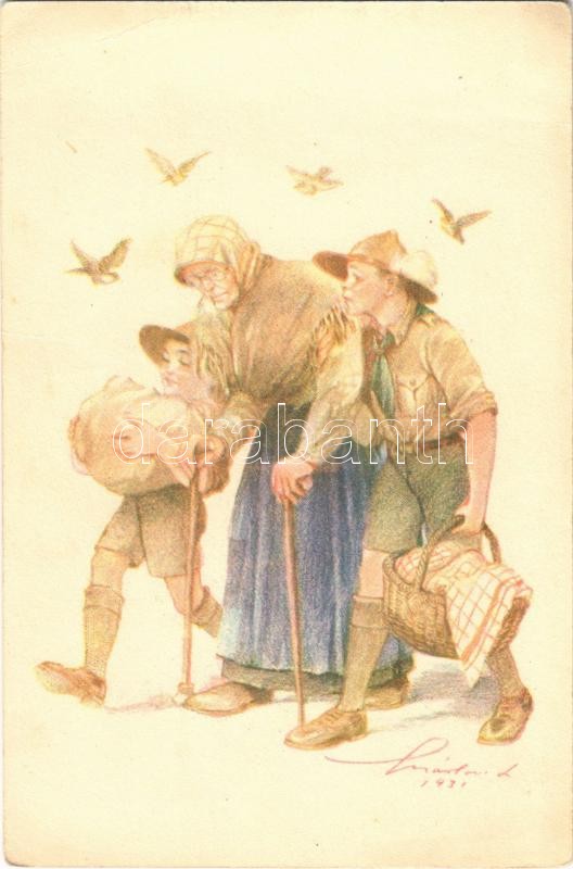 A cserkész ahol tud segít. A Magyar Cserkészszövetség kiadása / Hungarian boy scout art postcard s: Márton L. (EB)