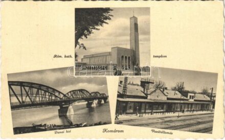 1942 Komárom, Komárnó; Római katolikus templom, Dunai híd, vasútállomás / church, railway station, Danube bridge (fl)