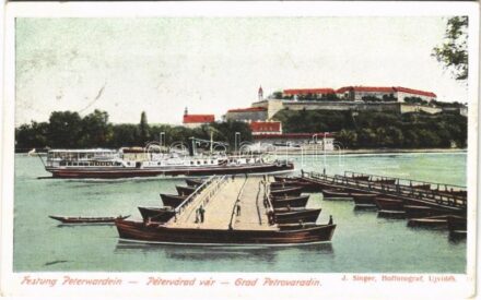 1908 Pétervárad, Peterwardein, Petrovaradin (Újvidék, Novi Sad); vár, hajóhíd, 'TEGETTHOFF' gőzüzemű oldalkerekes személyhajó / castle, pontoon bridge, steamship