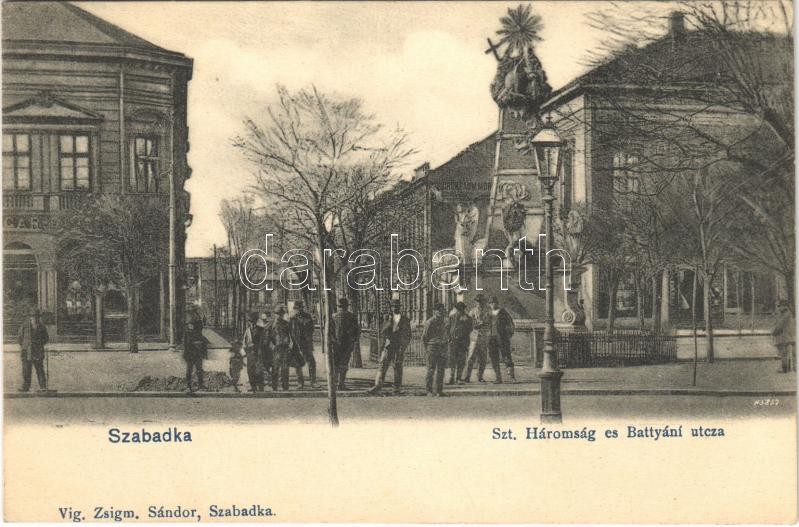 Szabadka, Subotica; Szentháromság szobor, Battyání utca, üzlet, Grünbaum Mór fali reklám / Trinity statue, street, shop