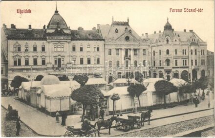 1913 Újvidék, Novi Sad; Ferenc József tér, Újvidéki Takarékpénztár, Grand Hotel Mayer nagy szálloda, piac, sörcsarnok, Első magyar biztosító társaság, cukrászda, Récsei Gusztáv és Grósz L. üzlete / square, shops, savings bank,