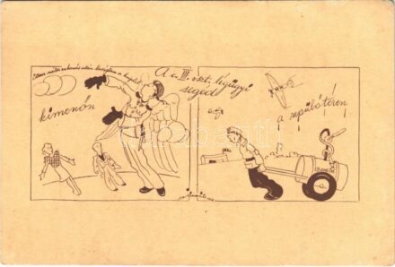 A III. oszt. légügyi segéd kimenőn és a repülőtéren. Humoros magyar légierős grafikai képeslap / Hungarian airforce humorous postcard with pilot s: Martinovits (EK)