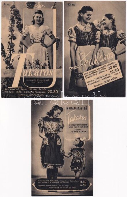 'Takaros' ruha reklám. Magyar Divatcsarnok reklámlapja. 'Magyart a magyarnak a Magyar Divatcsarnokból!' / Hungarian fashion shop advertisement - 3 db régi képeslap / 3 pre-1945 postcards