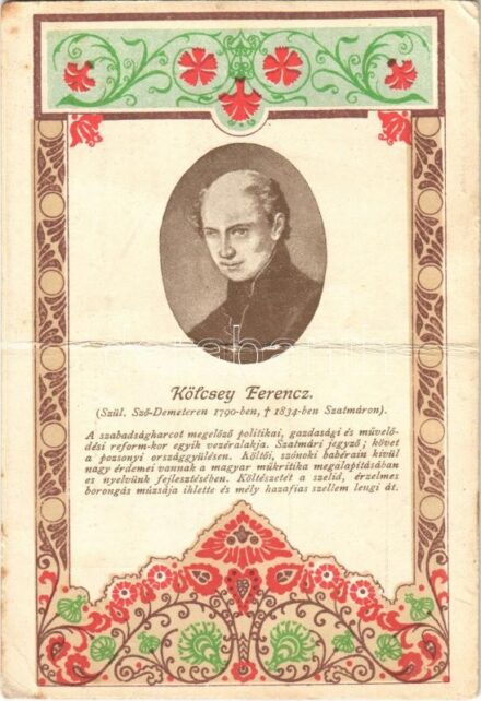 Kölcsey Ferenc. Szecessziós emléklap. Dr. Réti Hugó tanár tervezése K.G. 51. Art Nouveau (fa)