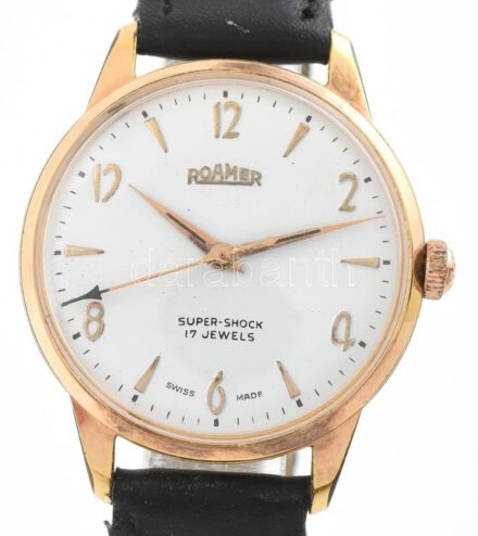 Roamer férfi öltönyóra, kézi felhúzós 17 köves szerkezet, bőr szíjjal, szép állapotban, jelzett koronával, papírral. d: 33 mm