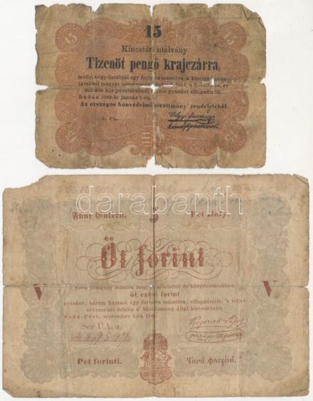 1848. 5Ft 'Kossuth bankó' barna nyomat + 1849. 15kr T:IV Adamo G109A, G102