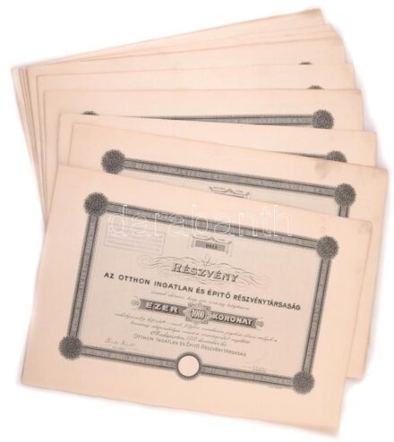Budapest 1917. 'Az Otthon Ingatlan és Építő Részvénytársaság' részvénye 1000K-ról (10x) sorszámkövetők '0011 - 0020', mind 'Az 1926. április hó 30-án megtartott VIII. évi rendes közgyűlés határozata értelmében 1 darab