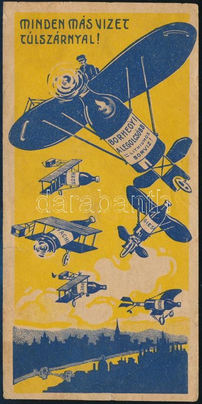 cca 1910-1920 Minden más vizet túlszárnyal! Borhegyi lithiumos borvíz, Magyar Ásványvíz Forgalmi és Kiviteli Rt. Bp. litho számolócédula, kis szakadással, hajtásnyomokkal