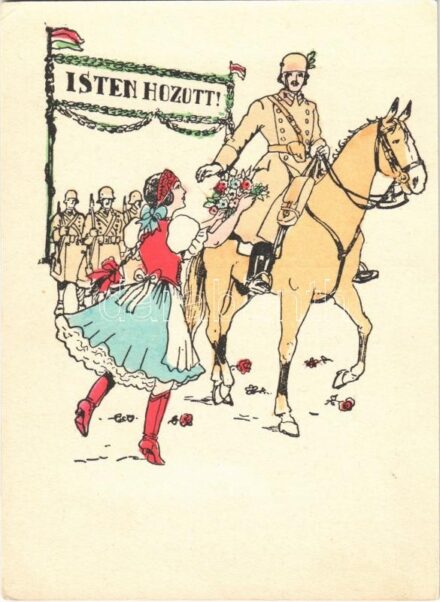 Isten hozott! Bevonulás. Kiadja a Délvidéki Egyetemi és Főiskolai Hallgatók Egyesülete / WWII Hungarian military art postcard, entry of the Hungarian troops, irredenta propaganda (EK)