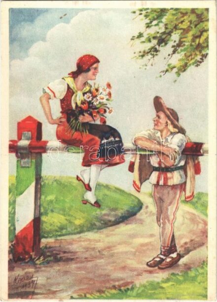 Mit bosszú eszelt ki s fondorlatos elme: a gonosz határon győz a szív szerelme. Kiadja a Magyar Nemzeti Szövetség, Magyar Földrajzi Intézet rt. / Hungarian irredenta propaganda, Trianon s: Köves