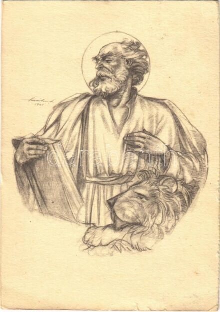 Szent Márk evangelista. Márton Lajos freskó kartonja az abasári templomhoz. Márton L. templomfestő műterme kiadása / Saint Mark the Evangelist s: Márton L. (kis szakadás / small tear)