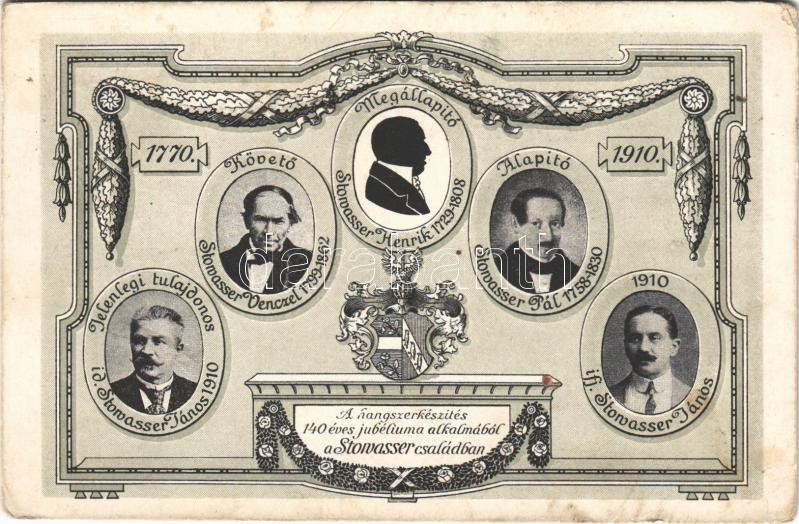 1770-1910 A hangszerkészítés 140 éves jubileuma alkalmából a Stowasser családban. Stowasser János csász. és kir. udvari hangszergyár reklámlapja, családfa / Hungarian musical instrument factory advertisement, family tree, memorial (EK)