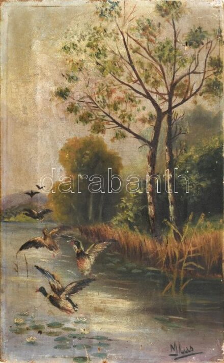 Melus jelzéssel: Felröppenő kacsák. Olaj, vászon, lyukakkal, 35×22 cm