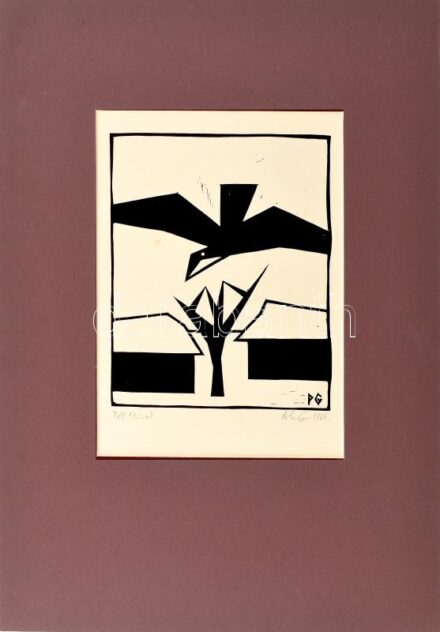 Póka György (1944 - ): Tél- Linómetszet, papír. Jelzett. 20,5x15,5 cm Paszpartuban