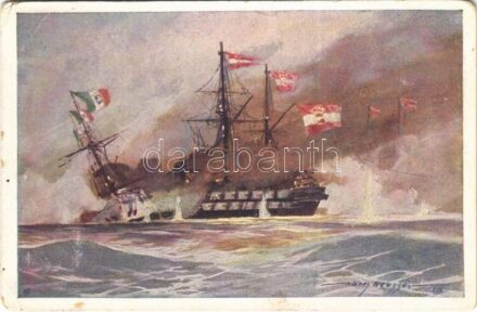 1918 Die Seeschlacht bei Lissa. Rammung des Ré di Portogallo durch SMS Kaiser (Linienschiff). K.u.K. Kriegsmarine. Offizielle Karte für Rotes Kreuz. Kriegsfürsorgeamt Kriegshilfsbüro Nr. F. 109. / WWI Austro-Hungarian Navy art postcard, SMS