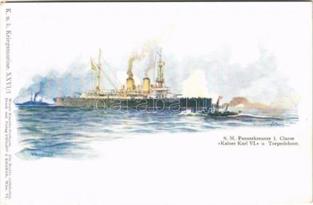 SM Panzerkreuzer 1. Classe 'Kaiser Karl VI' u. Torpedoboot. K.u.K. Kriegsmarine XXVI/1. Wiener Künstler-Postkarte. Druck und Verlag Philipp & Kramer / Austro-Hungarian Navy armored cruiser SMS Kaiser Karl VI and torpedo boat s: Kircher