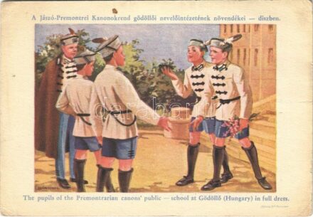 A Jászó-Premontrei Kanonokrend gödöllői nevelőintézetének növendékei díszben. Kiadja a Trunkhahn Posztógyár és Ruhagyár rt., mely a növendékek egyenruháinak szöveteit gyártja és a ruhákat készíti. Studentika, reklám s:
