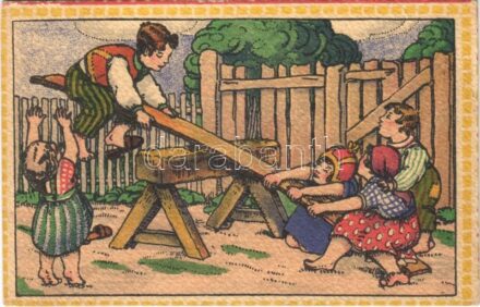 1920 Children art postcard, seesaw. Salon International D.K. & Co. P. 2238. s: A. Kloubek-Schrutz (EK)