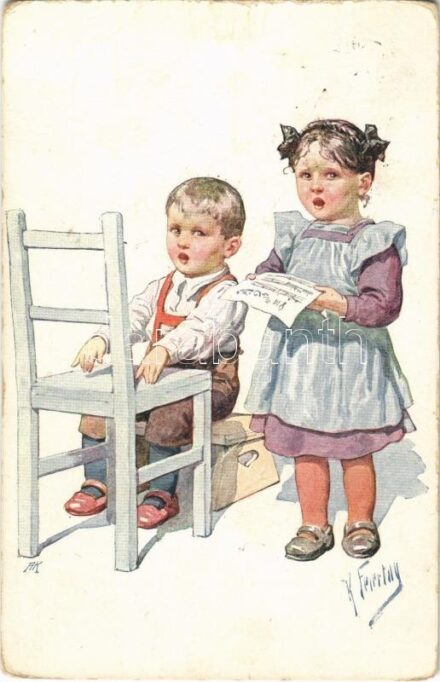 1913 Children art postcard, singing. B.K.W.I. 817-5. s: K. Feiertag (kopott sarkak / worn corners)