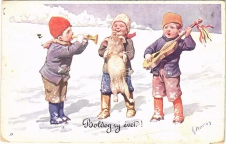 1913 Boldog Újévet! / Children art postcard with New Year greetings. B.K.W.I. 2990-6. s: K. Feiertag (kopott sarkak / worn corners)