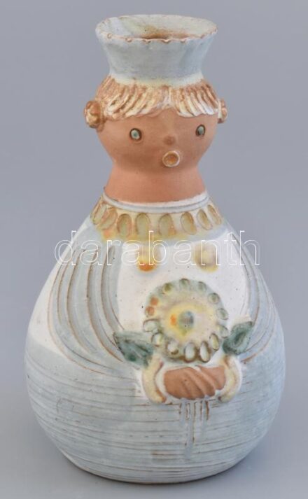 Kiss Roóz Ilona (1920-2010): Figurális váza, mázas kerámia, kézzel festett, jelzett, hibátlan, m: 17 cm