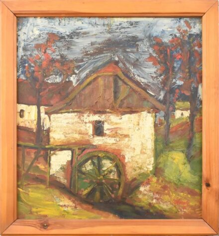 Várszegi Tamás (1946-): Malom. Olaj, papír. Jelzett. Üvegezett fa keretben. 48,5x45 cm