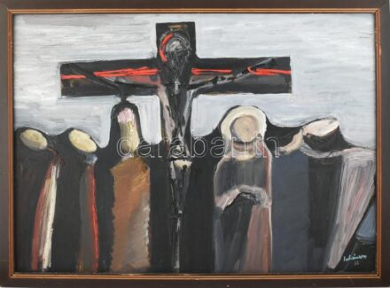 Schéner Mihály (1923-2009): Fohász, 1989. Olaj, farost, jelzett. Hátoldalán autográf felirattal. Fa keretben. 67x91 cm