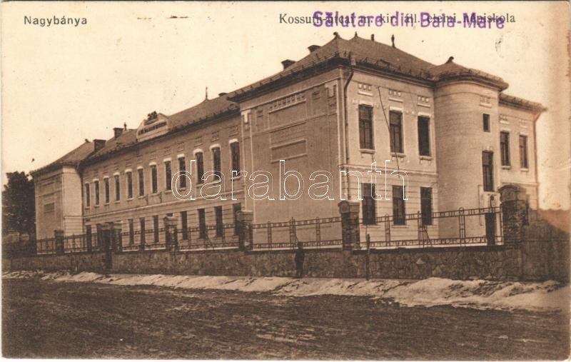 Nagybánya, Baia Mare; Kossuth utca, M. kir. állami elemi iskola. Vasúti levelezőlapárusítás 1573. / street view, elementary school + '1940 Nagybánya visszatért' So. Stpl. (fl)