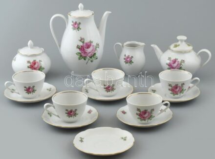 Orosz rózsás kávés készlet, pótolt fedőkkel, porcelán. Jelzett. Kopott. (5 db csésze, 6 db alj, 3 db szerviz)